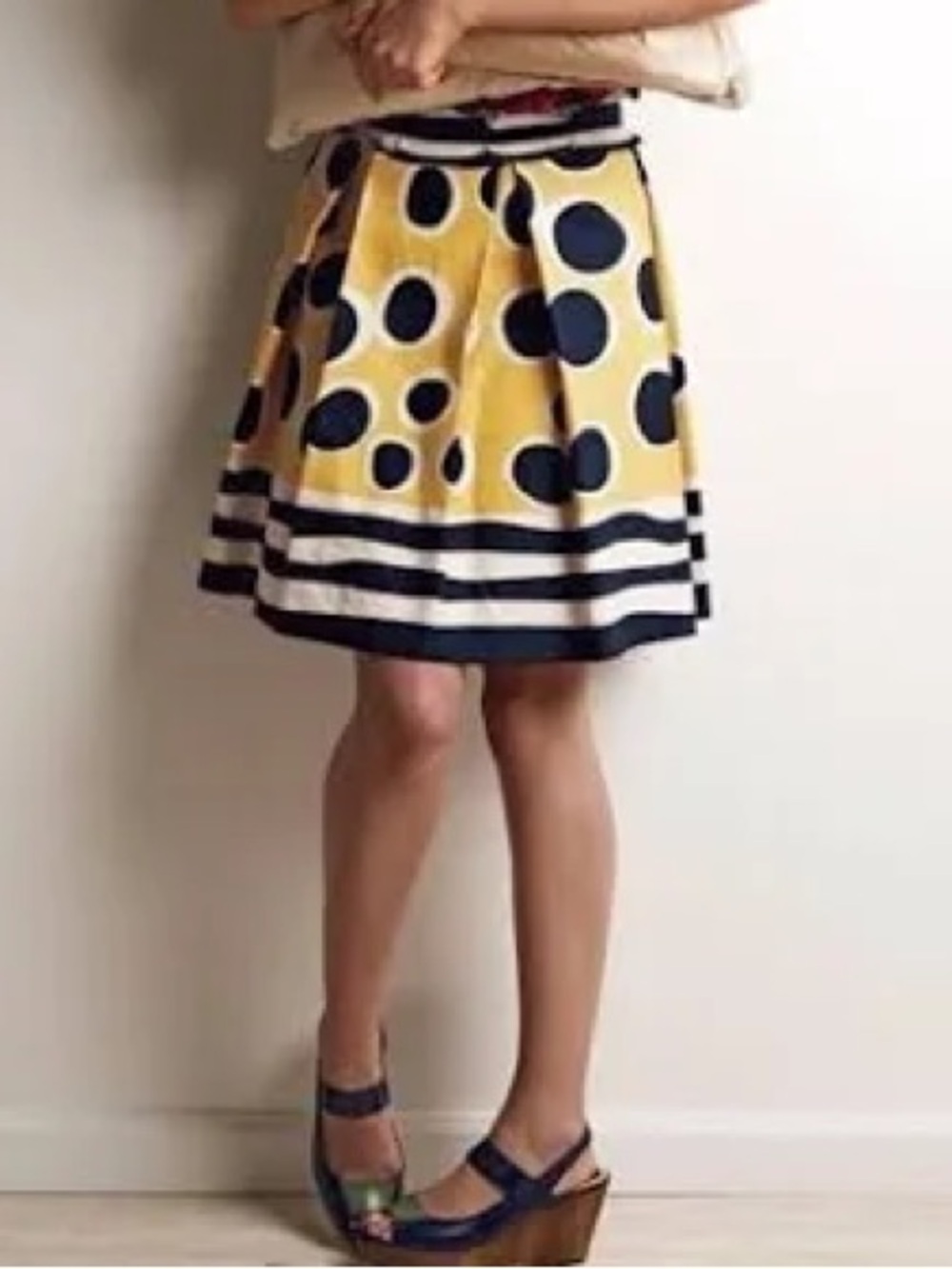 Anna Sui for Anthropologie Skirt XS Yellow Navy Polka Dot Stripe Midi Skirt